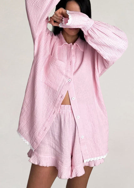 Lace Pink Size Sets Patchwork Sleeve Flare Oversized Plus Pajama FashionChic