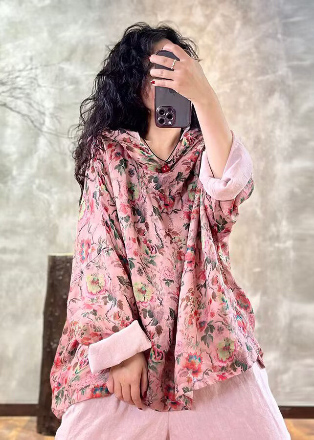 Plus Size Pink Oversized Print Linen Hooded Pullover Top Spring TM005 ABC