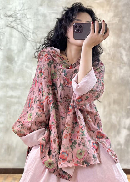 Plus Size Pink Oversized Print Linen Hooded Pullover Top Spring TM005 ABC