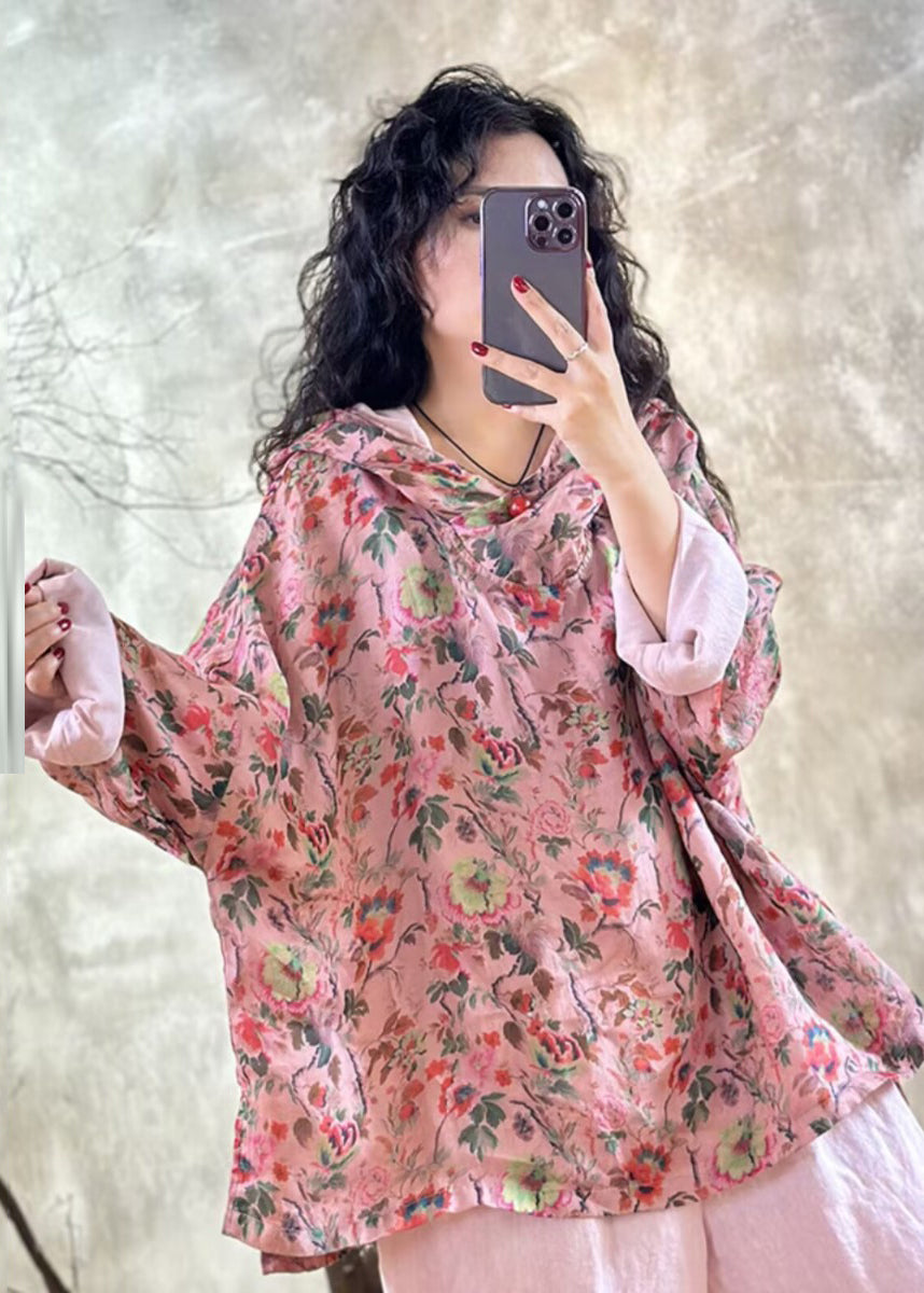 Plus Size Pink Oversized Print Linen Hooded Pullover Top Spring TM005 ABC