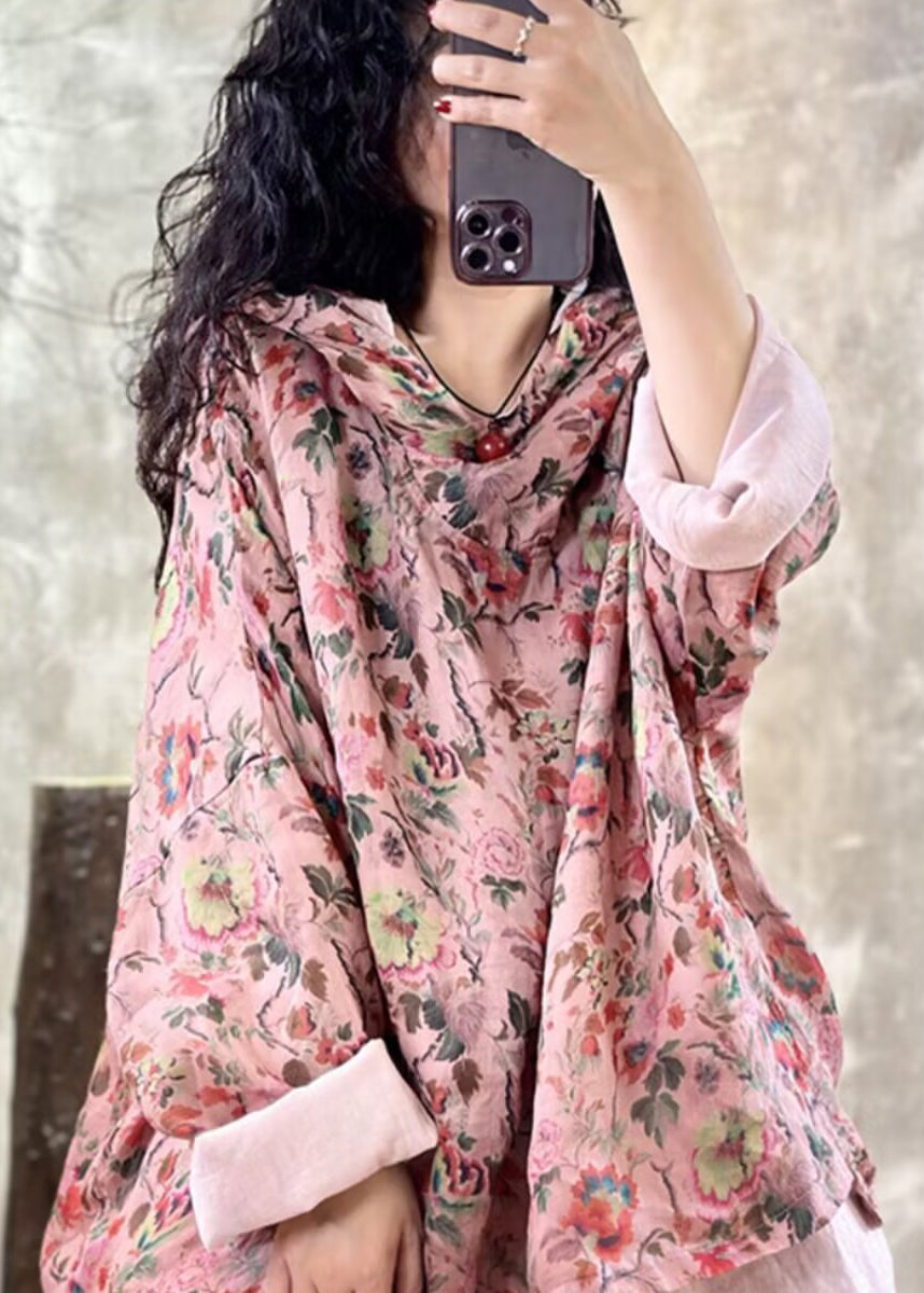 Plus Size Pink Oversized Print Linen Hooded Pullover Top Spring TM005 ABC