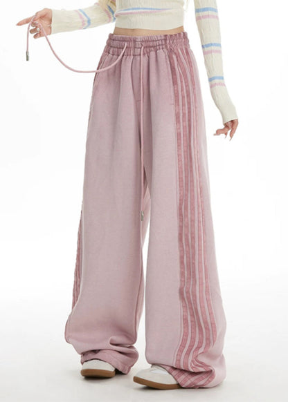 Plus Size Pink Striped Elastic Waist Wide Leg Pants Spring TA050