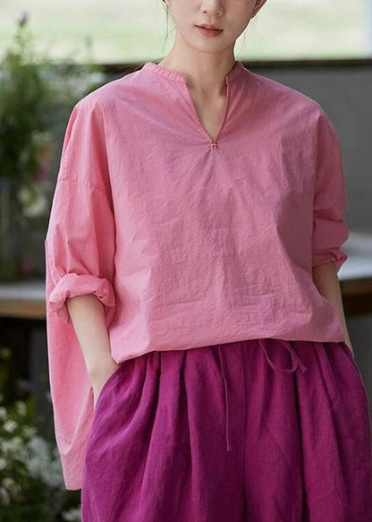 Blouses Neck Plus Open Solid Size Cotton Pink V Side Fall FashionChic