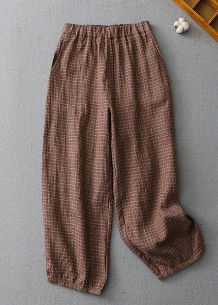 Plus Size Plaid Pockets Elastic Waist Linen Crop Pants Summer AU1035 MZF-240903
