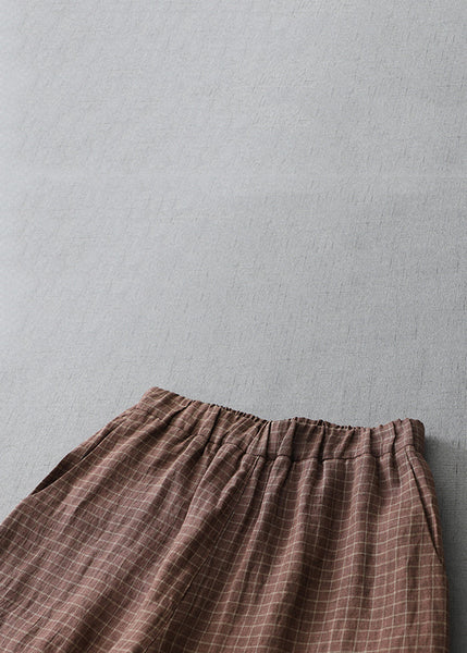 Plus Size Plaid Pockets Elastic Waist Linen Crop Pants Summer AU1035 MZF-240903