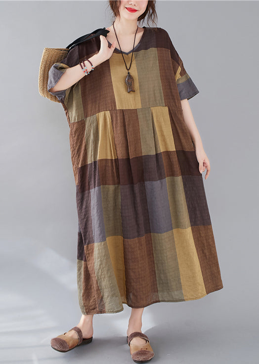 Plus Size Plaid V Neck Patchwork Linen Long Dresses Summer GG018 MZF-SDL240610