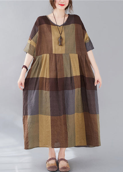 Plus Size Plaid V Neck Patchwork Linen Long Dresses Summer GG018 MZF-SDL240610