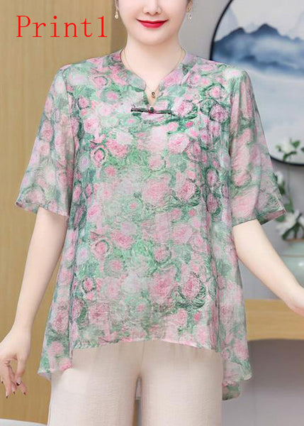 Button Oriental Print Chiffon Plus Summer Size Top FashionChic