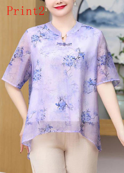 Button Oriental Print Chiffon Plus Summer Size Top FashionChic