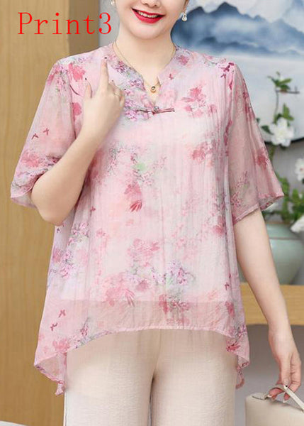 Button Oriental Print Chiffon Plus Summer Size Top FashionChic