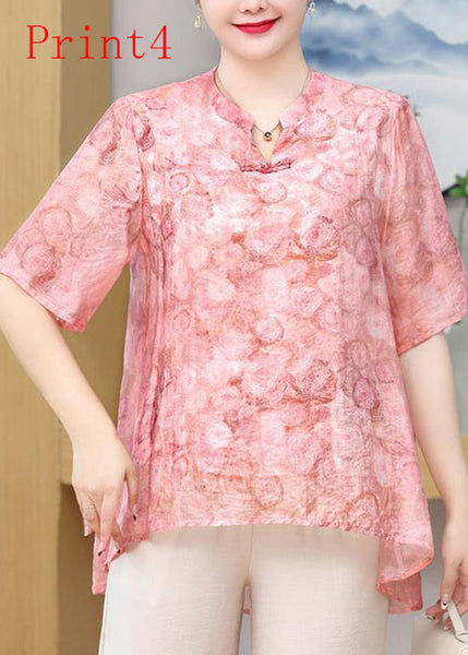 Button Oriental Print Chiffon Plus Summer Size Top FashionChic