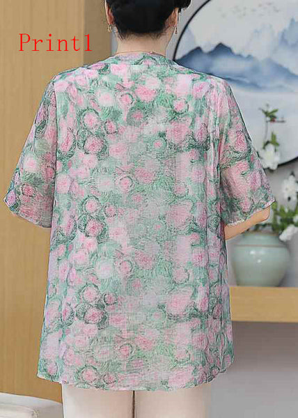 Button Oriental Print Chiffon Plus Summer Size Top FashionChic