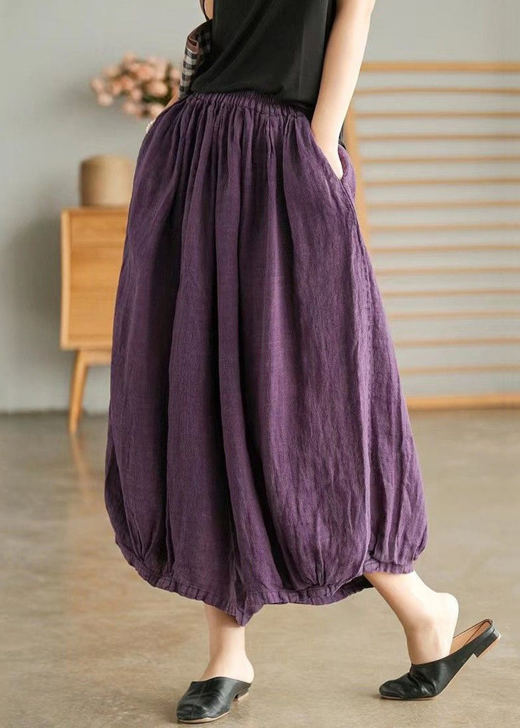 Plus Size Purple Pockets Elastic Waist Linen Crop Pants Summer VV043 HS-CPTS240627