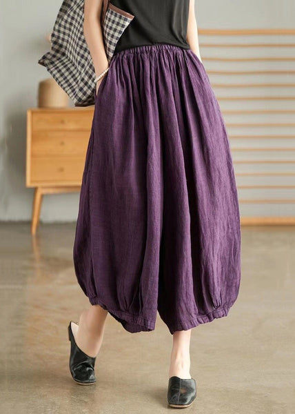 Plus Size Purple Pockets Elastic Waist Linen Crop Pants Summer VV043 HS-CPTS240627