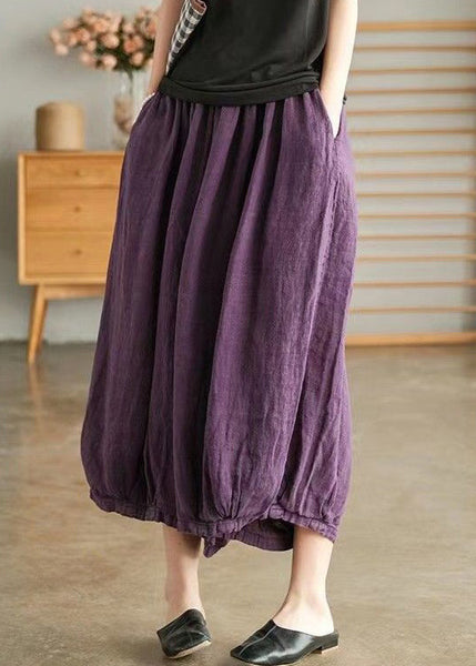 Plus Size Purple Pockets Elastic Waist Linen Crop Pants Summer VV043 HS-CPTS240627