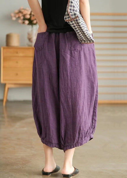 Plus Size Purple Pockets Elastic Waist Linen Crop Pants Summer VV043 HS-CPTS240627