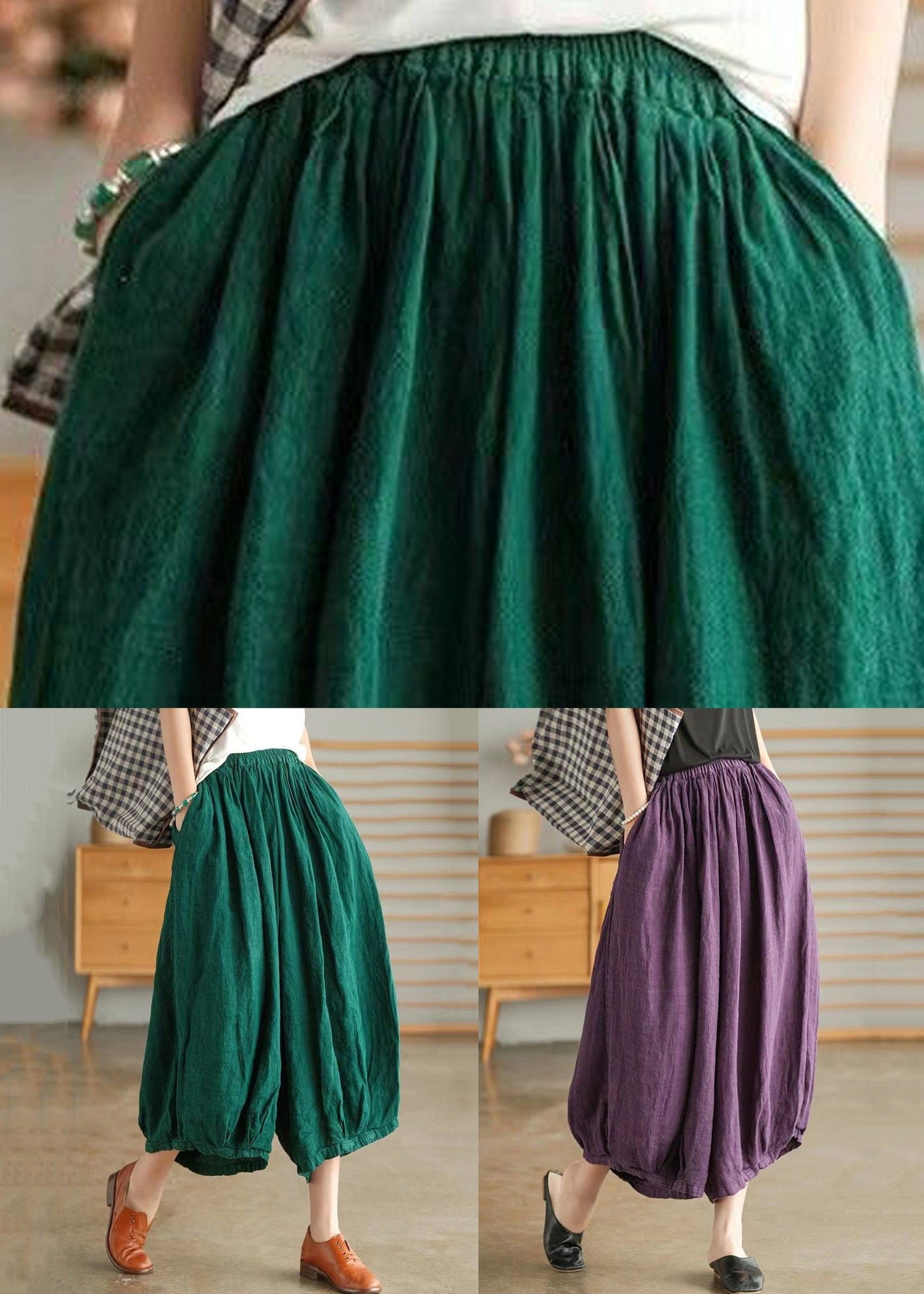 Plus Size Purple Pockets Elastic Waist Linen Crop Pants Summer VV043 HS-CPTS240627