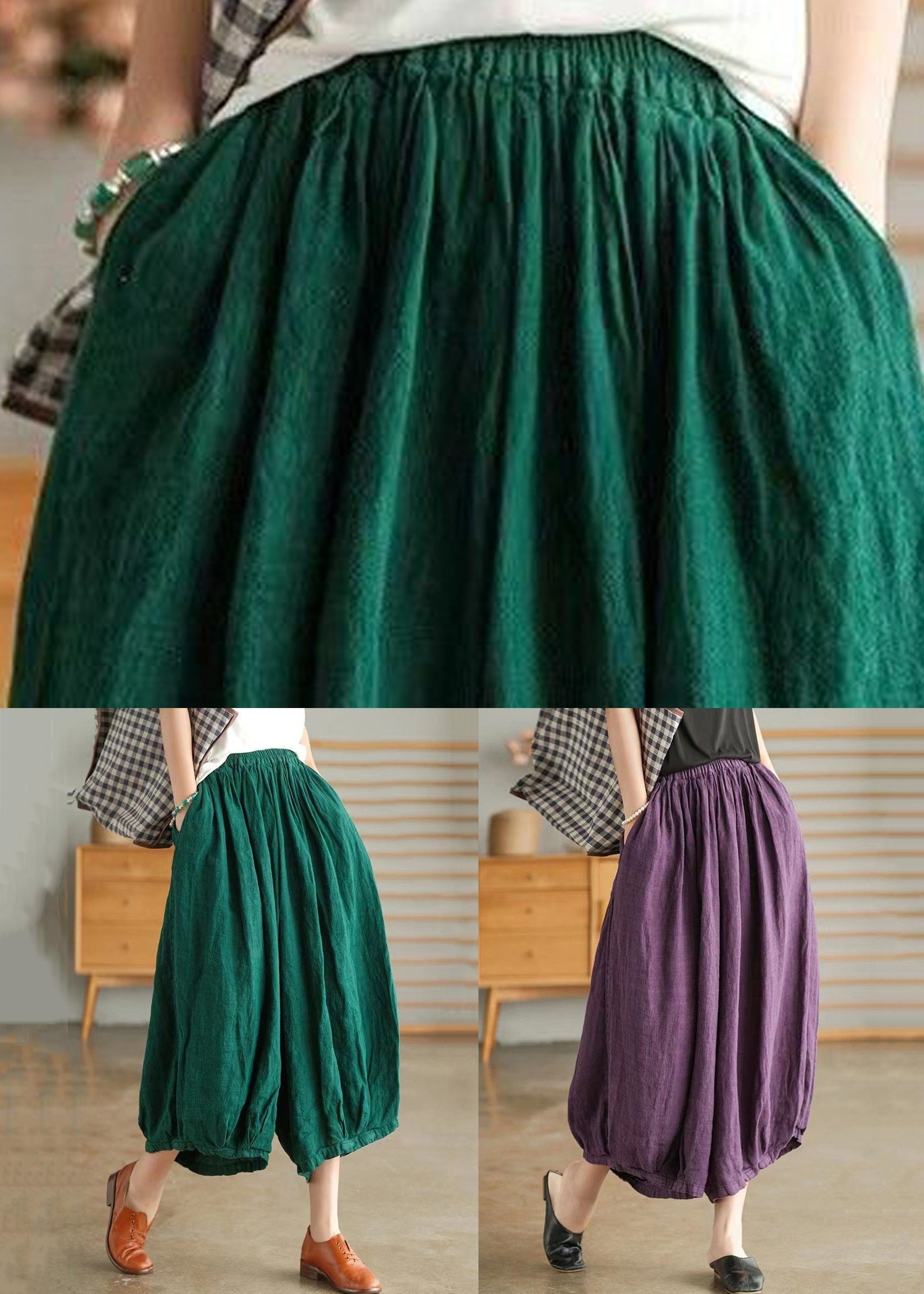 Plus Size Purple Pockets Elastic Waist Linen Crop Pants Summer VV043 HS-CPTS240627