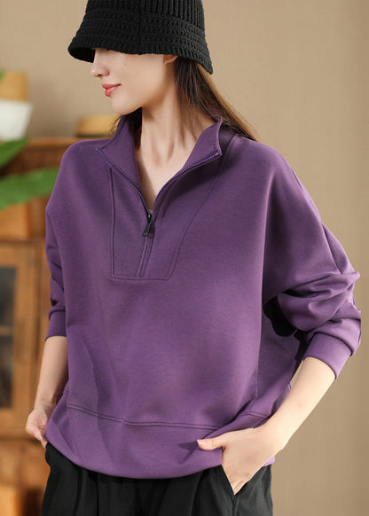 Plus Size Purple Zip Up Cotton Pullover Streetwear Spring TM043 ABC