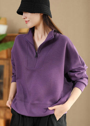Plus Size Purple Zip Up Cotton Pullover Streetwear Spring TM043 ABC