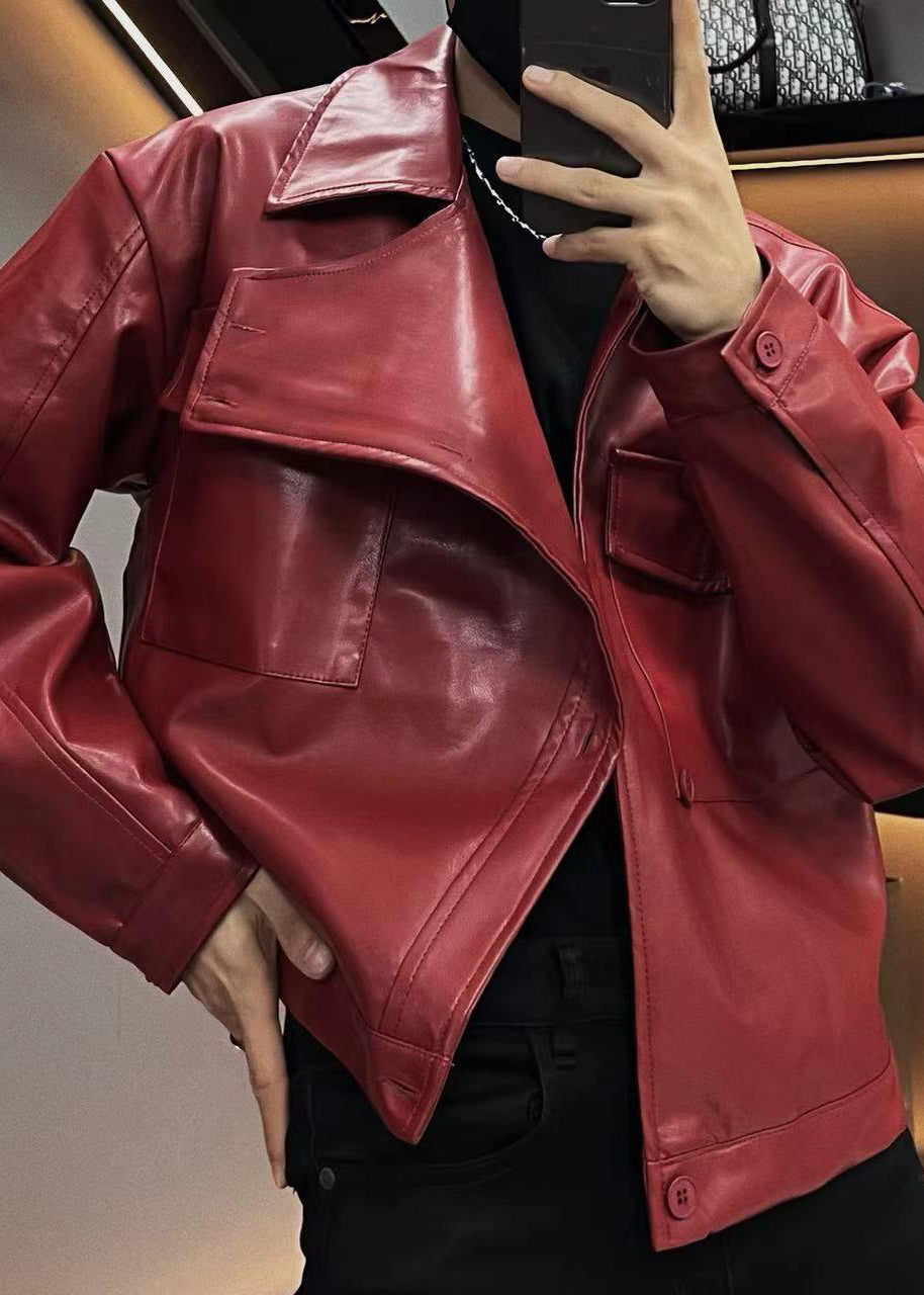 Plus Size Red Asymmetrical Button Faux Leather Mens Coats Spring RN019 ABC