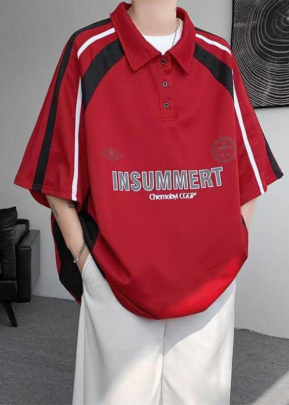 Cotton Button Shirt Patchwork Half Letter Men Plus Size Red Polo FashionChic