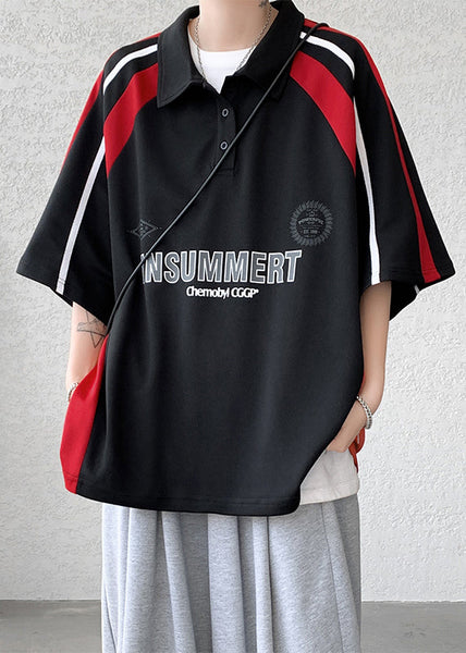 Cotton Button Shirt Patchwork Half Letter Men Plus Size Red Polo FashionChic