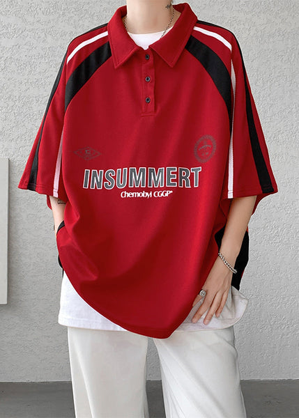 Cotton Button Shirt Patchwork Half Letter Men Plus Size Red Polo FashionChic