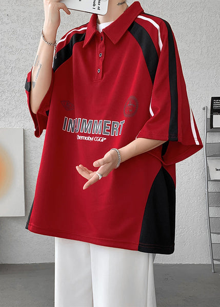 Cotton Button Shirt Patchwork Half Letter Men Plus Size Red Polo FashionChic