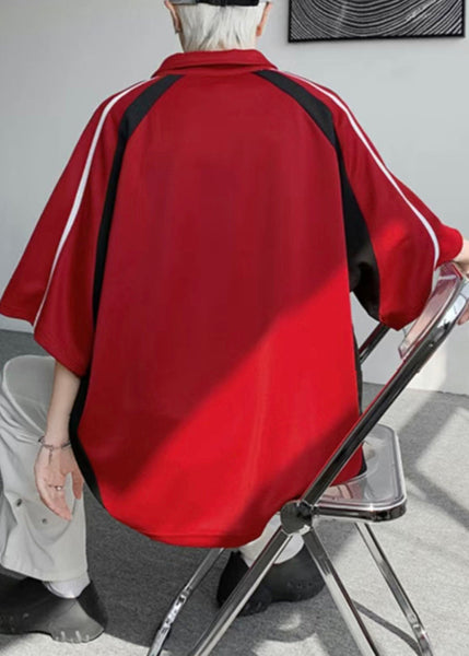 Cotton Button Shirt Patchwork Half Letter Men Plus Size Red Polo FashionChic