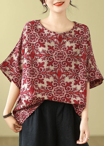 Plus Size Red O Neck Print Cotton Blouse Top Summer AP055 GK-STP240718