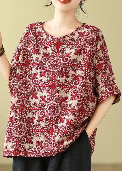 Plus Size Red O Neck Print Cotton Blouse Top Summer AP055 GK-STP240718