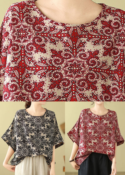 Plus Size Red O Neck Print Cotton Blouse Top Summer AP055 GK-STP240718