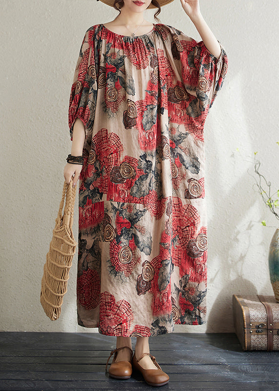 Plus Size Red O Neck Print Cotton Long Dress Puff Sleeve AP038 GK-SDL240718