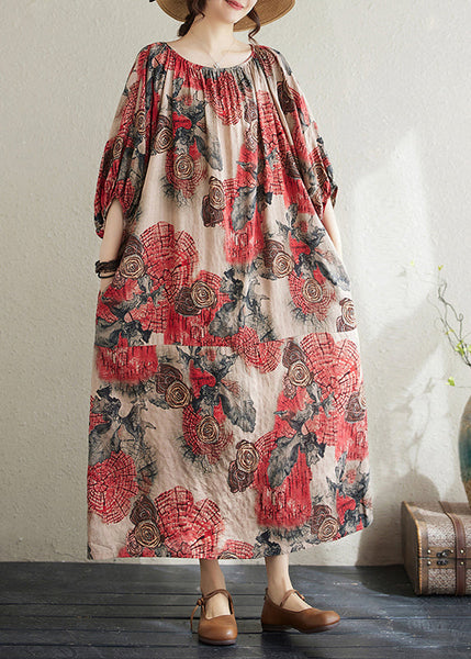 Plus Size Red O Neck Print Cotton Long Dress Puff Sleeve AP038 GK-SDL240718