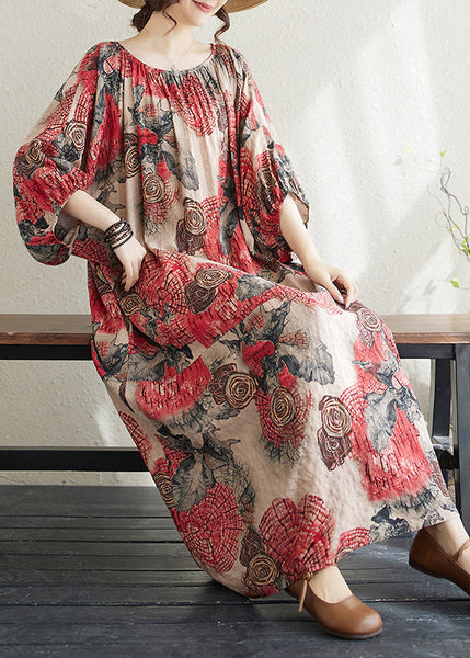 Plus Size Red O Neck Print Cotton Long Dress Puff Sleeve AP038 GK-SDL240718