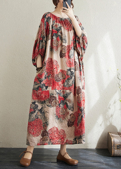 Plus Size Red O Neck Print Cotton Long Dress Puff Sleeve AP038 GK-SDL240718
