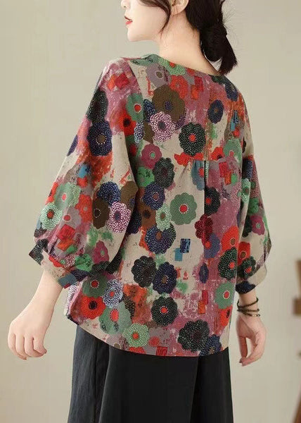 Plus Size Red O Neck Print Cotton T Shirts Top Long Sleeve FF005 MZF-LTP240607