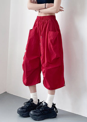 Crop Cotton Summer Size Pockets Pants Red Waist Plus Elastic FashionChic