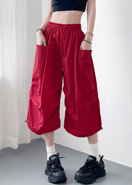 Crop Cotton Summer Size Pockets Pants Red Waist Plus Elastic FashionChic