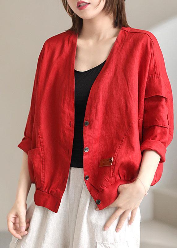 Plus Size Red V Neck Pockets Fall Coats Long sleeve QS050 WT-WG-CTS210914