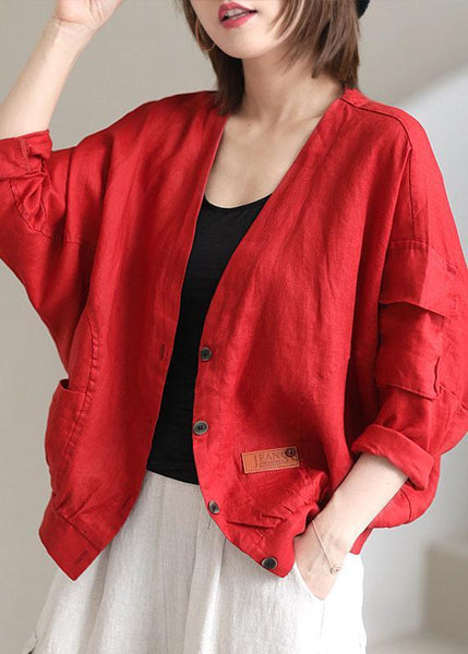 Plus Size Red V Neck Pockets Fall Coats Long sleeve QS050 WT-WG-CTS210914