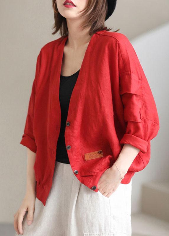 Plus Size Red V Neck Pockets Fall Coats Long sleeve QS050 WT-WG-CTS210914