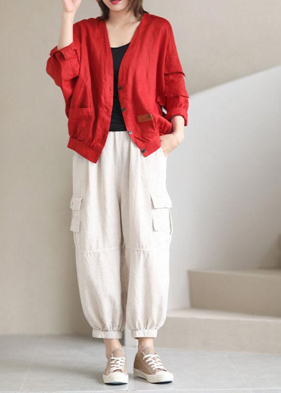 Plus Size Red V Neck Pockets Fall Coats Long sleeve QS050 WT-WG-CTS210914