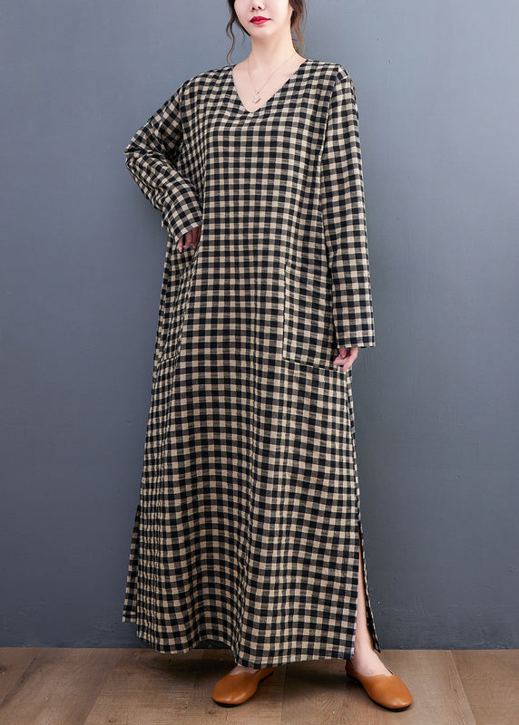 Plus Size V Neck Plaid Pockets Cotton Long Dress Summer AP007 GK-SDL240718