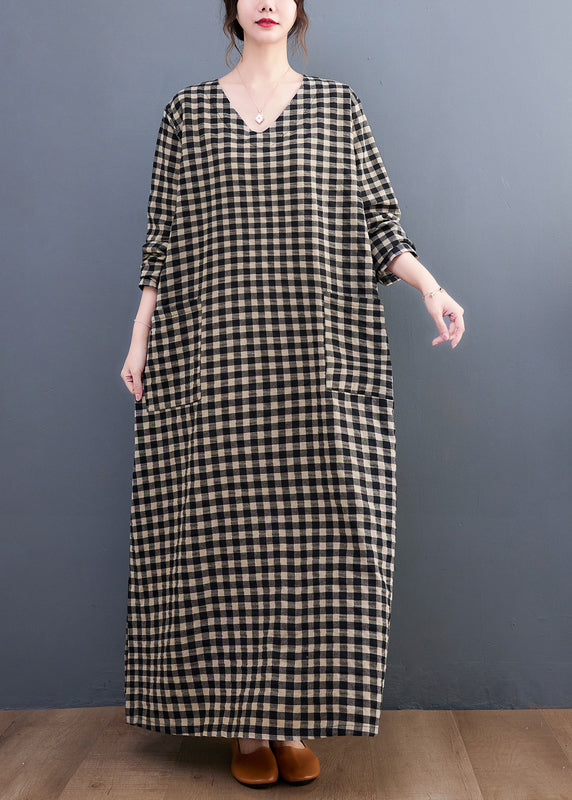 Plus Size V Neck Plaid Pockets Cotton Long Dress Summer AP007 GK-SDL240718