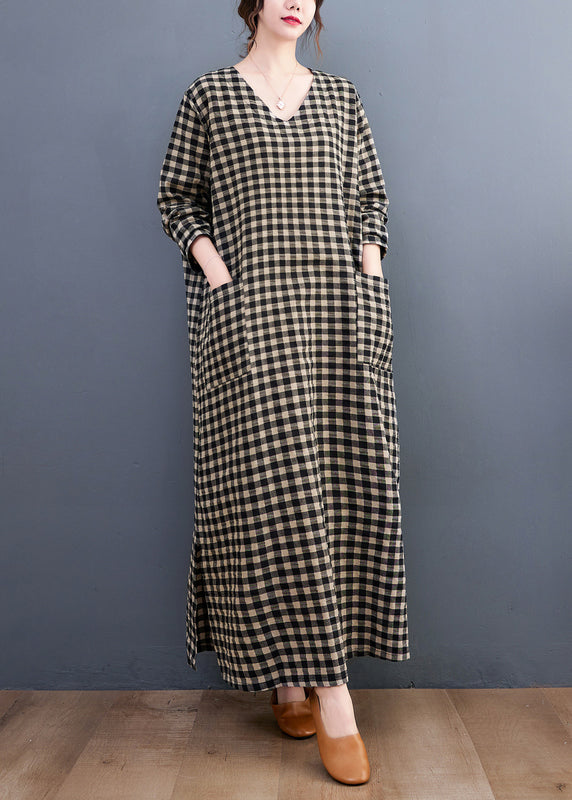 Plus Size V Neck Plaid Pockets Cotton Long Dress Summer AP007 GK-SDL240718