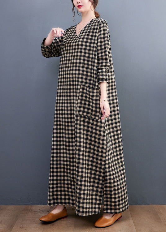 Plus Size V Neck Plaid Pockets Cotton Long Dress Summer AP007 GK-SDL240718