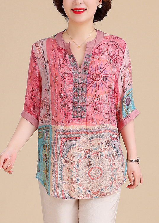 Summer Blouse V Size Cotton Plus Tops Neck Print FashionChic