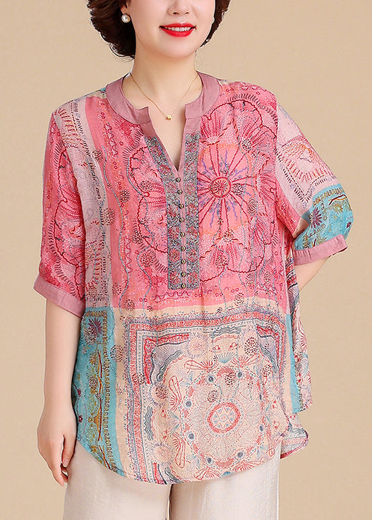 Summer Blouse V Size Cotton Plus Tops Neck Print FashionChic
